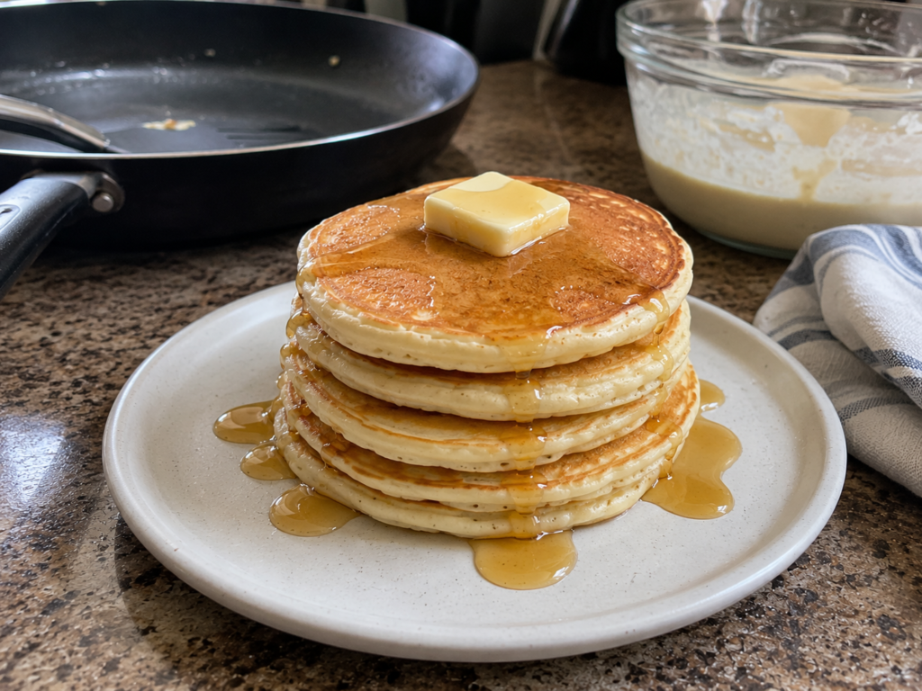 Stack of fluffy homemade pancakes served with butter and maple syrup on a breakfast plate.