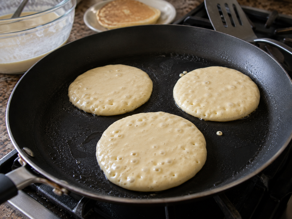 Homemade pancake batter cooking in a non-stick skillet with bubbles forming on the surface before flipping.