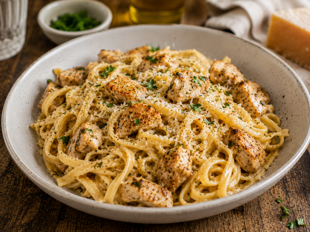 Creamy garlic butter chicken pasta served with Parmesan cheese and fresh parsley in a rustic bowl.