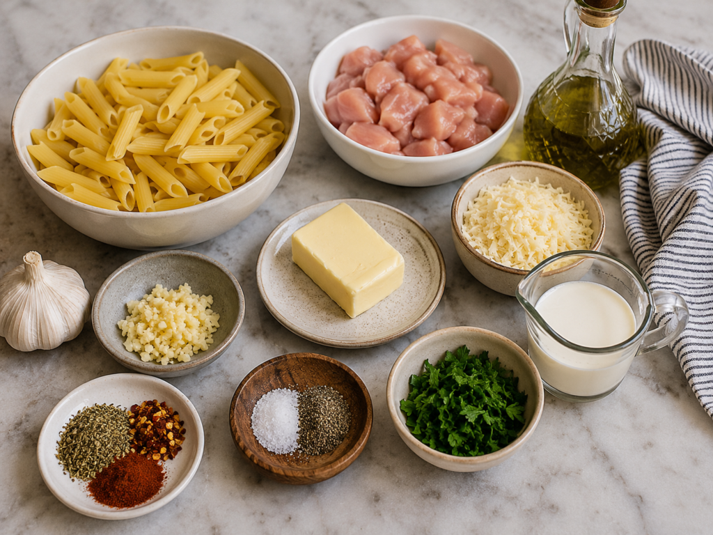 Fresh ingredients for garlic butter chicken pasta including chicken, pasta, butter, garlic, Parmesan cheese, cream, herbs, and seasonings.