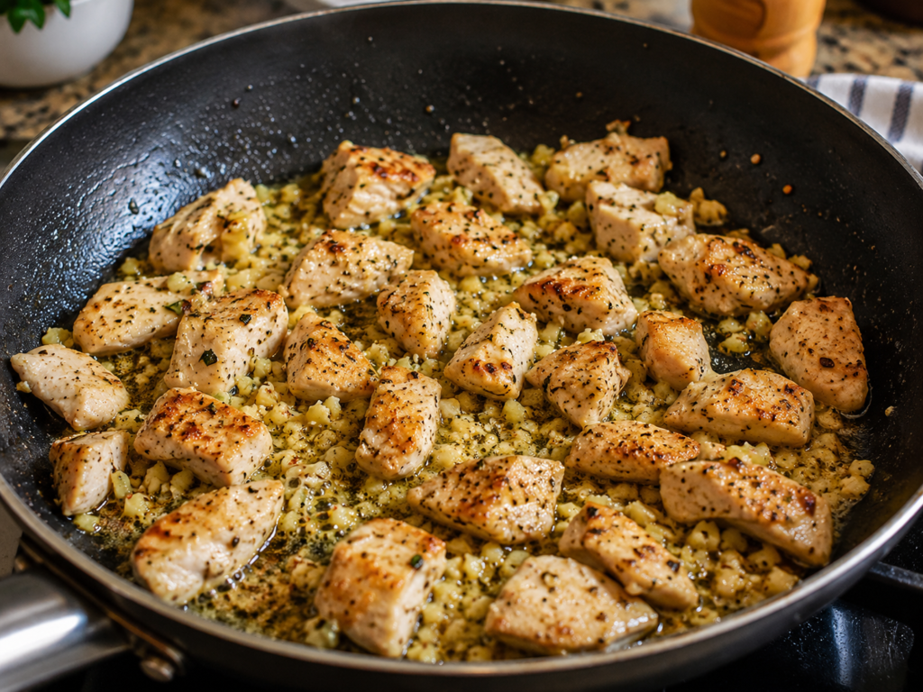 Seasoned chicken pieces cooking with garlic and butter in a non-stick skillet.