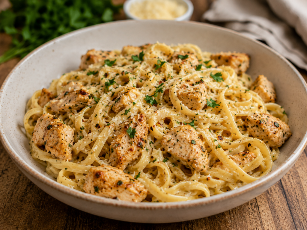 Creamy garlic butter chicken pasta topped with Parmesan cheese and fresh parsley served in a rustic bowl.