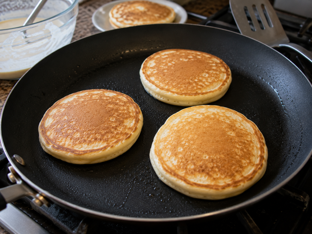 Golden brown homemade pancakes cooking in a non-stick skillet after being flipped.
