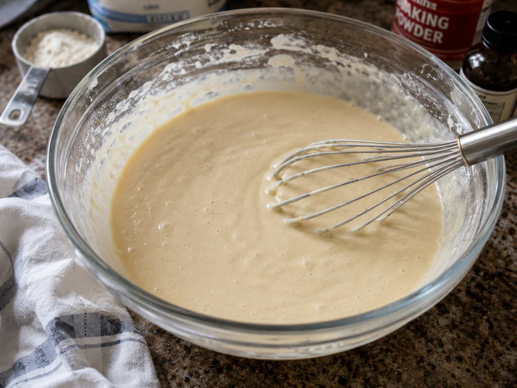 Freshly mixed homemade pancake batter in a glass bowl with a whisk on a kitchen countertop.